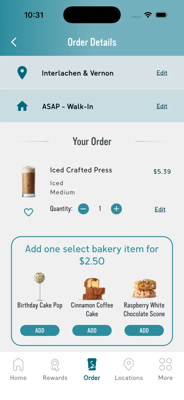 Caribou Coffee app order details screen showing the chosen store, an ASAP walk-in pickup, the drink and its price, and an offer to add a bakery item for $2.50.
