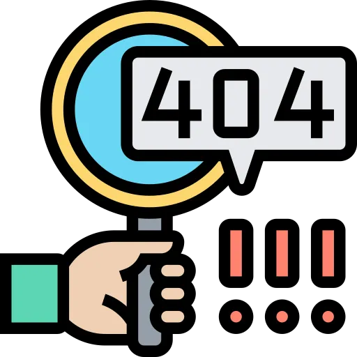 Icon of a hand holding a magnifying glass over a 404 error speech bubble, next to warning marks