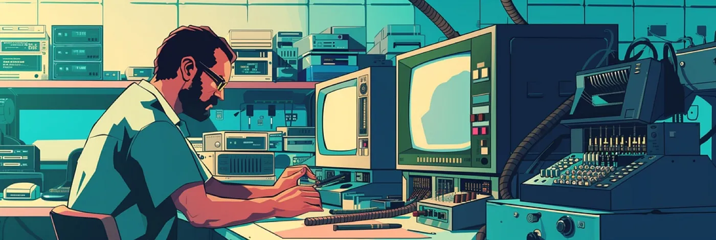 Retro illustration of a developer hunched over CRT terminals and lab equipment in a 1970s computer room