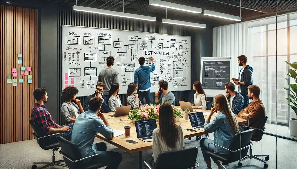 Product team crowded around a whiteboard covered in estimation diagrams during a planning session