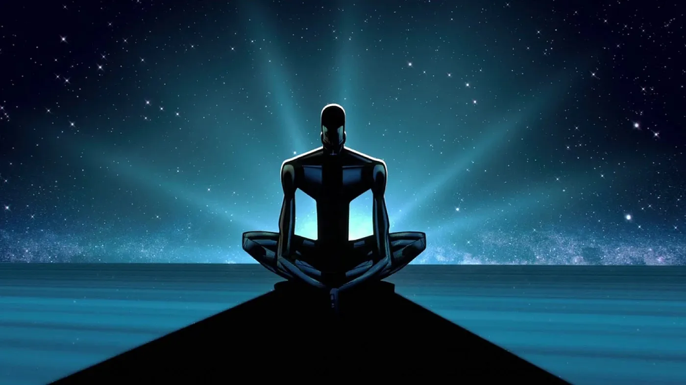 Zima Blue still: the robotic figure sits in lotus pose on a pier under a star filled sky