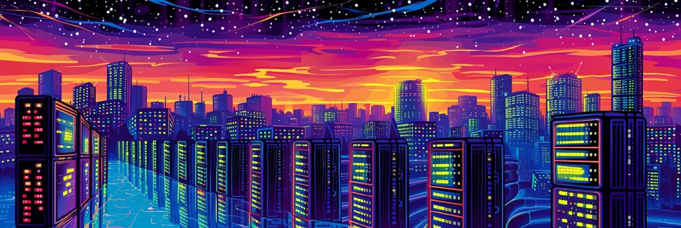 Neon illustration of server racks rising like skyscrapers in a city skyline at sunset