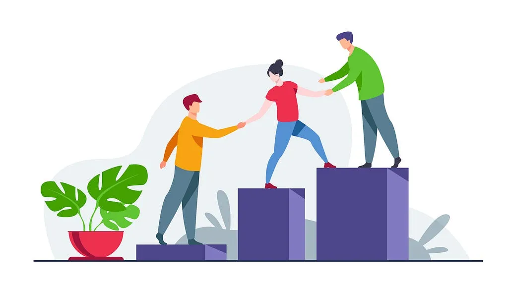Flat illustration of three people helping each other climb a set of rising blocks