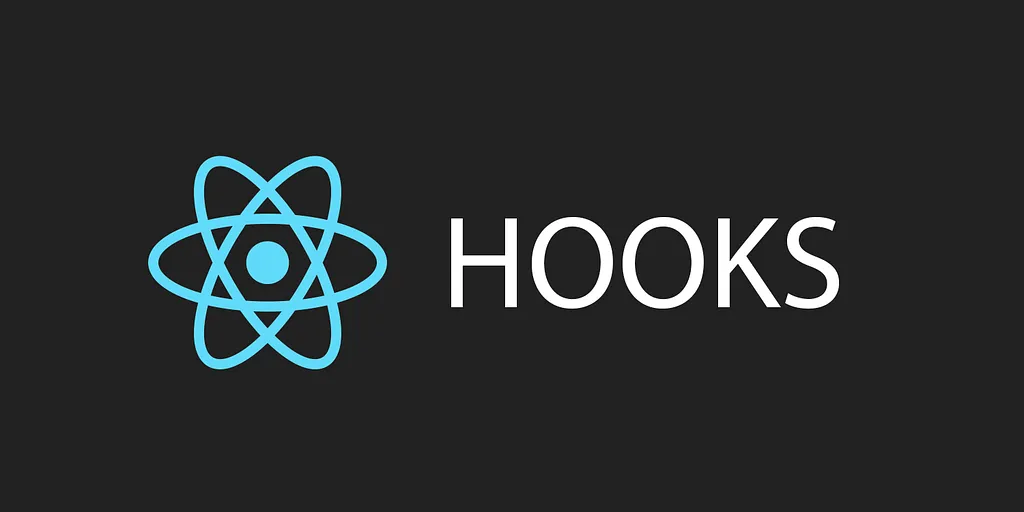 React atom logo beside the word Hooks on a dark background