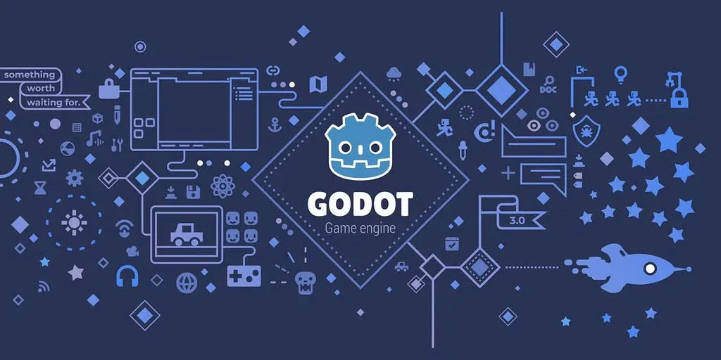 Godot Game Engine banner: the robot logo surrounded by line icons for editing, rendering and shipping games