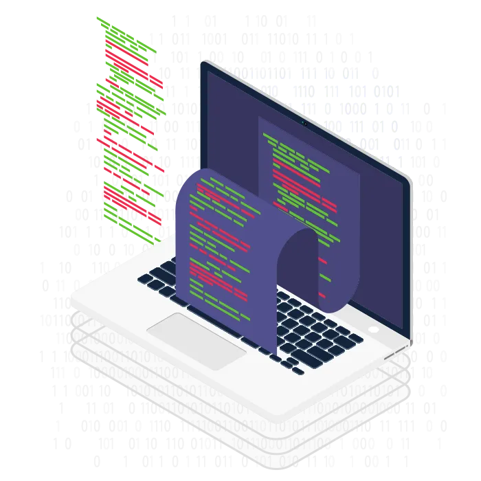 Isometric illustration of a laptop with a code diff of red and green lines lifting off the screen