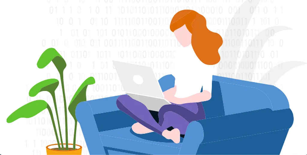 Flat illustration of a remote worker sitting cross-legged on a couch with a laptop beside a houseplant