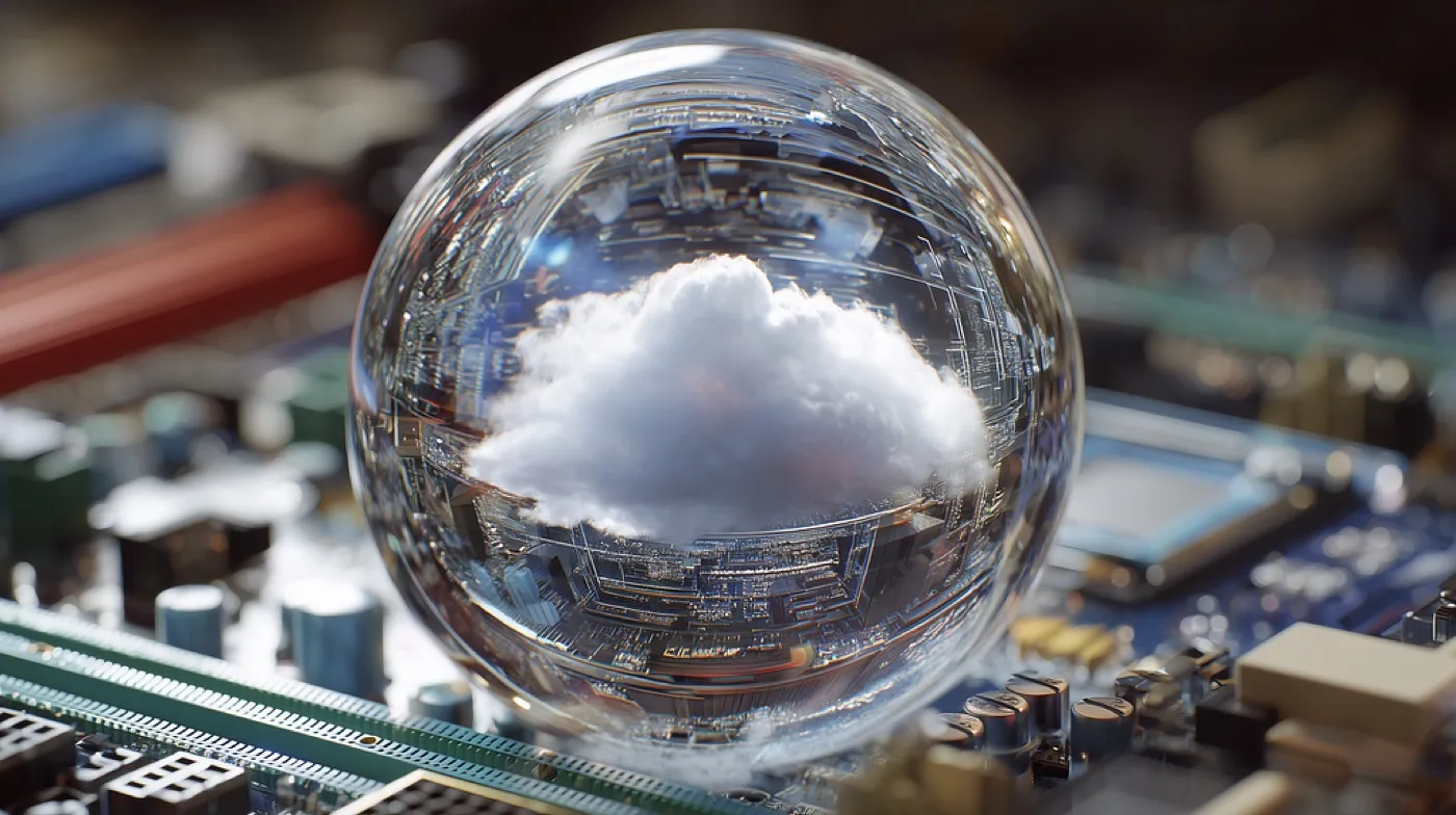 Glass sphere resting on a circuit board with a cloud suspended inside it, cloud computing on physical hardware