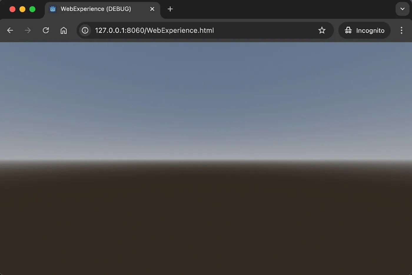 The exported Godot scene running in a browser at 127.0.0.1:8060, showing the sky and ground horizon