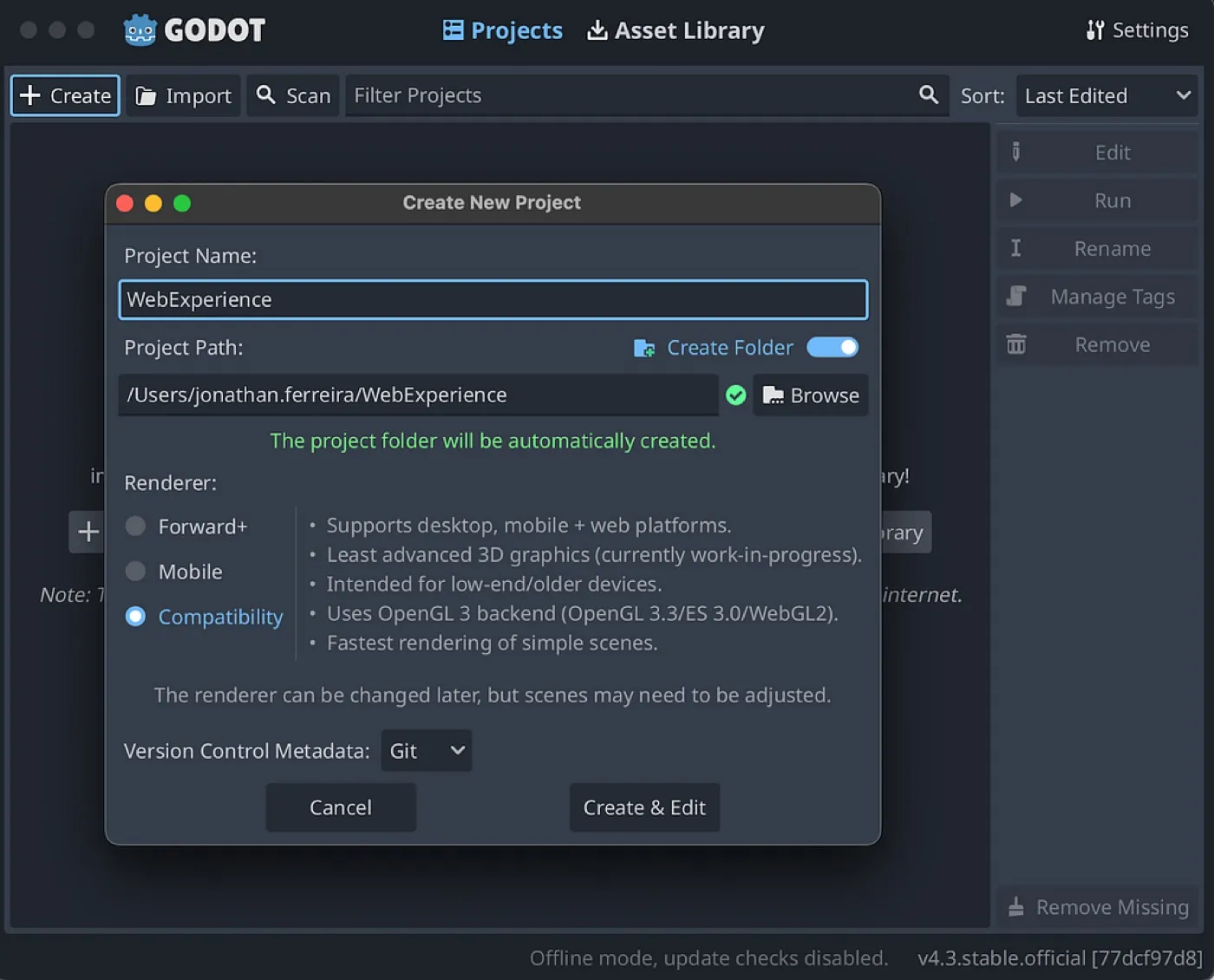Godot “Create Project” screen.