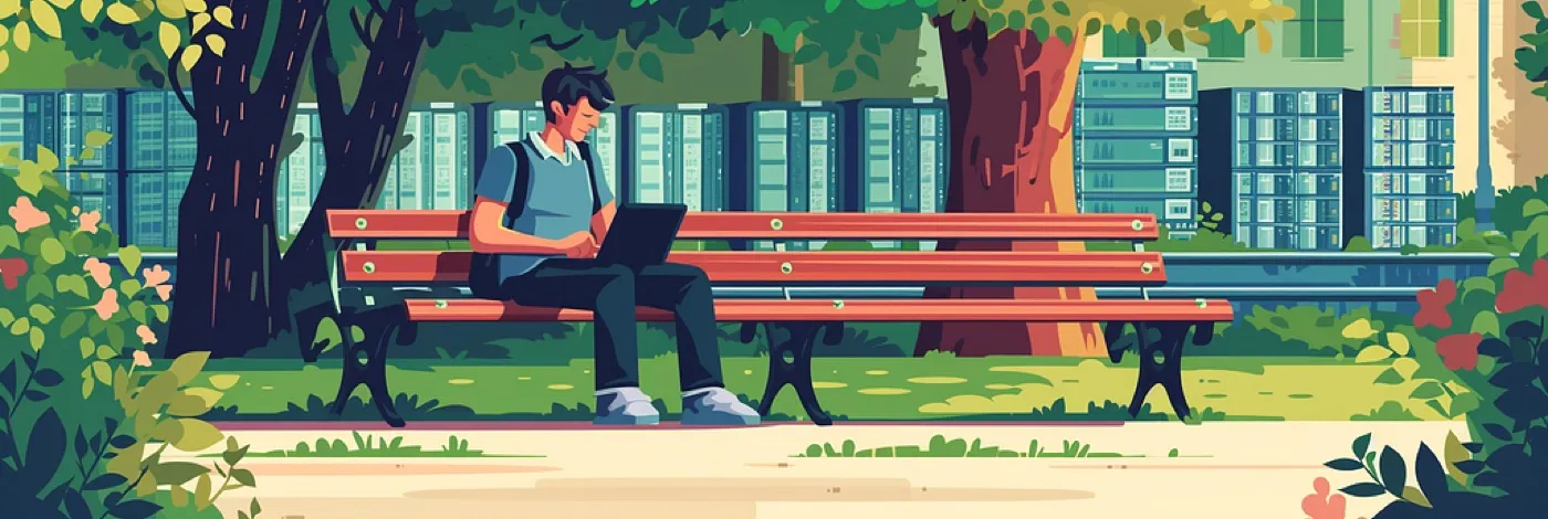 Developer coding on a laptop on a park bench while rows of server racks stand among the trees behind him