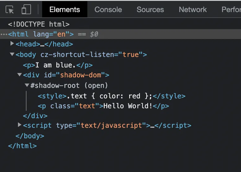 Chrome DevTools Elements panel showing the shadow-root open node holding its own style tag and paragraph