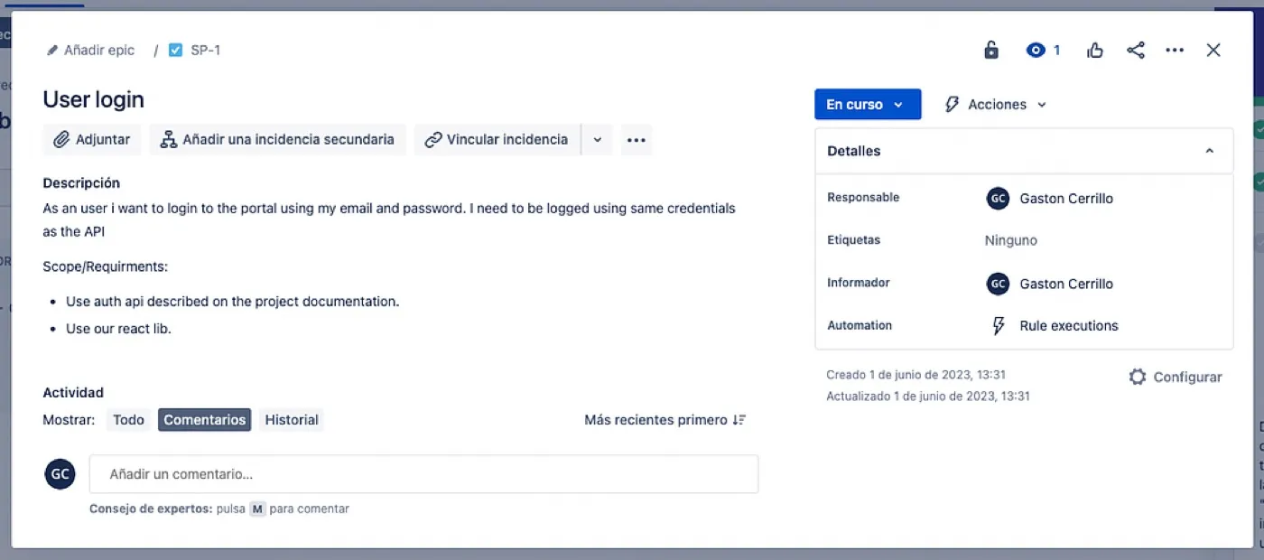 Jira ticket SP-1 titled User login, in progress, with its description and scope requirements