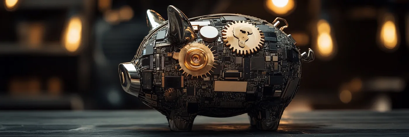 Piggy bank built from circuit boards and brass gears, illustrating saving money on cloud infrastructure