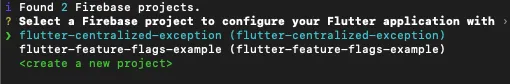 Terminal running flutterfire configure and prompting you to select which Firebase project to use