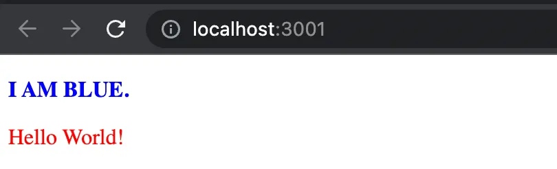 Browser rendering the page: the page text is bold blue uppercase while the shadow DOM text stays plain red