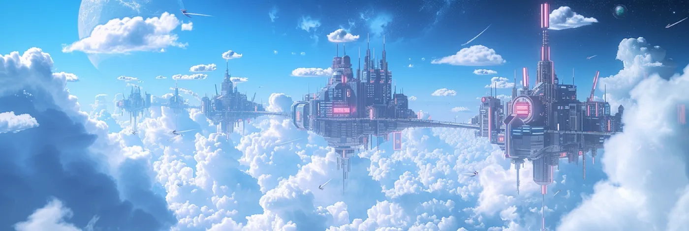 Futuristic city floating on a bed of clouds, standing in for what cloud infrastructure becomes next
