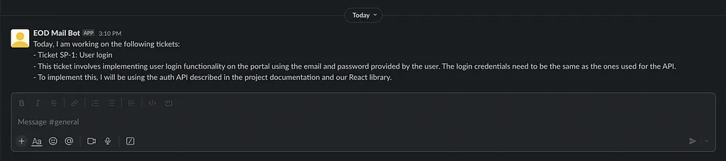 Slack channel where the EOD Mail Bot has posted a generated bullet point status update about ticket SP-1
