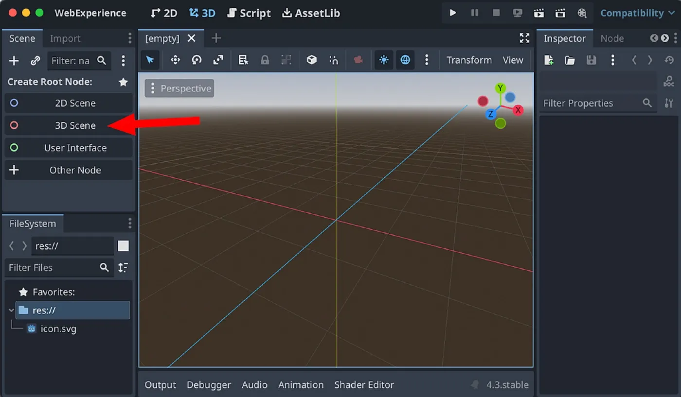 Godot Client running an empty scene.