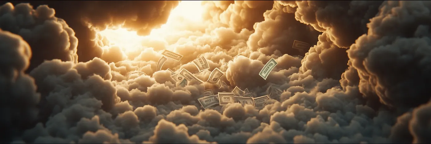 Dollar bills drifting down into a sea of sunlit clouds, a visual for money disappearing into the cloud