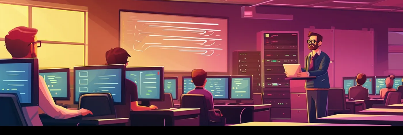 Instructor teaching a room of students at coding workstations next to server racks, training the next generation