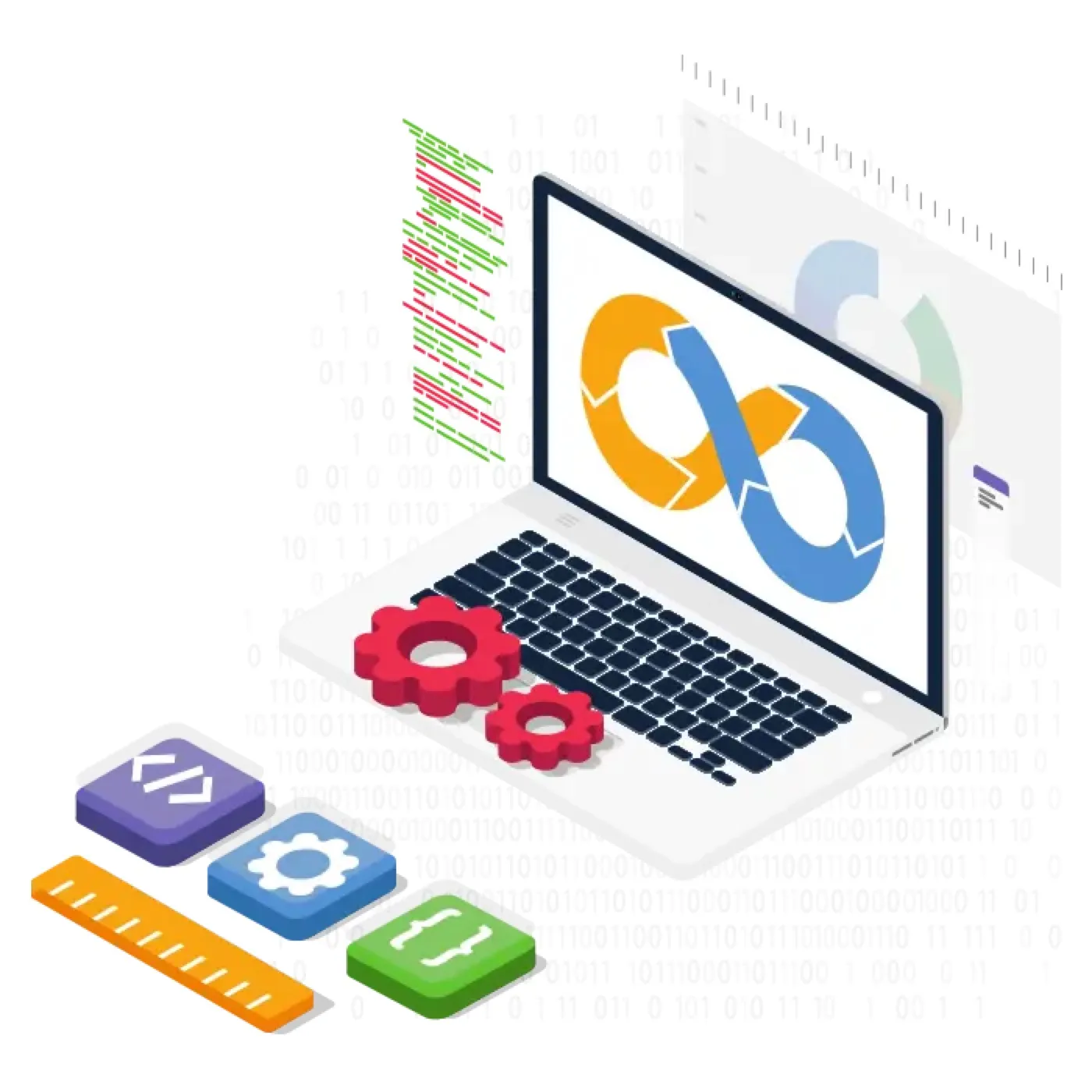 Isometric laptop showing the DevOps infinity loop surrounded by gears, code and config icons