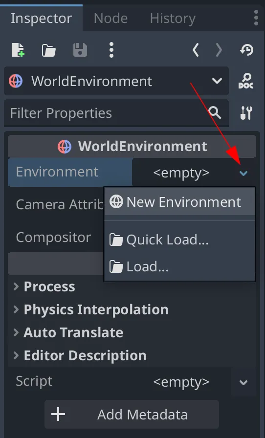 Properties of a selected Node (WorldEnvironment).