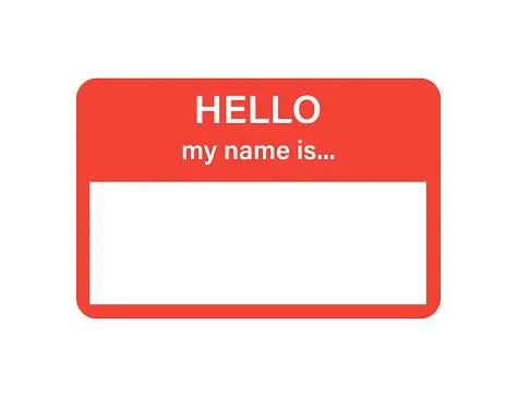 Blank red Hello my name is name badge, introducing the section on infrastructure naming conventions