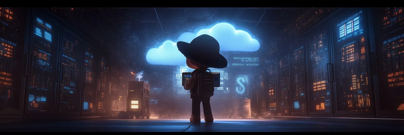 Detective character in a data center aisle facing a glowing cloud icon and a dollar sign, investigating cloud spend