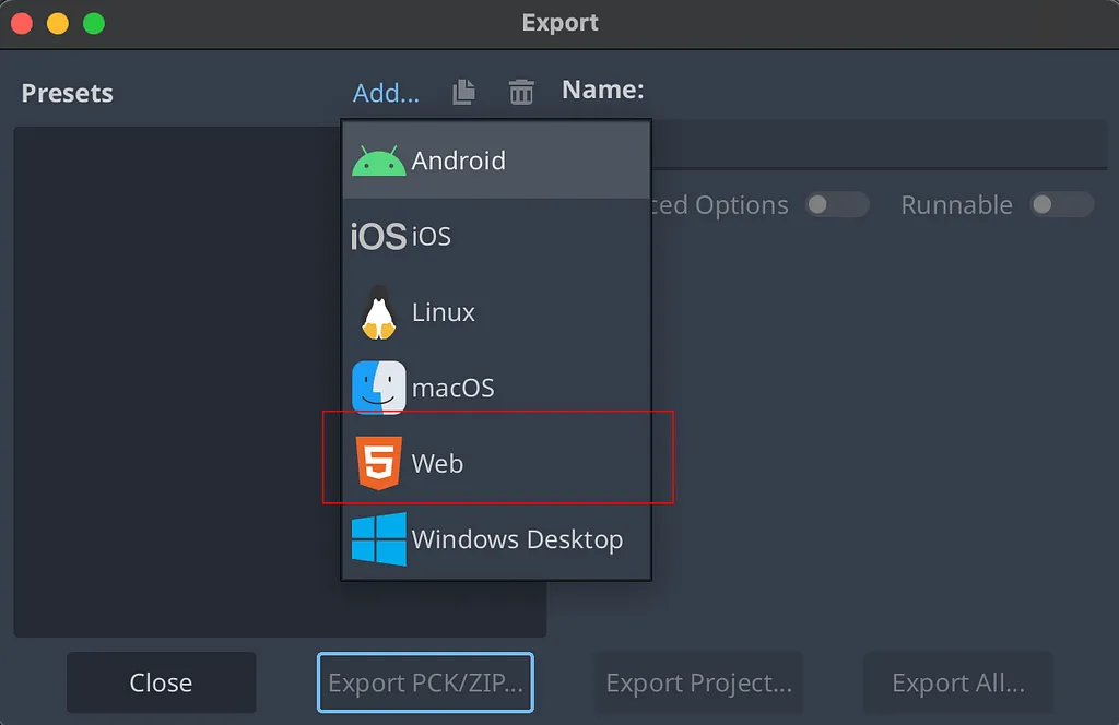 Godot Export dialog with the Add Preset menu open and the Web preset highlighted in red