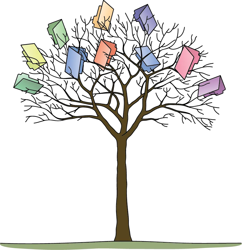 Drawing of a bare tree with colored file folders hanging from its branches, a repository folder tree