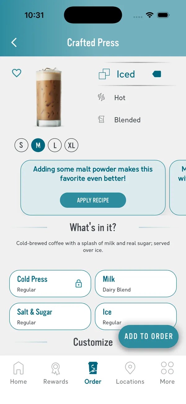 Caribou Coffee app drink screen for an Iced Crafted Press, with hot, iced, and blended options, sizes S to XL, and customization tiles for cold press, milk, salt and sugar, and ice.