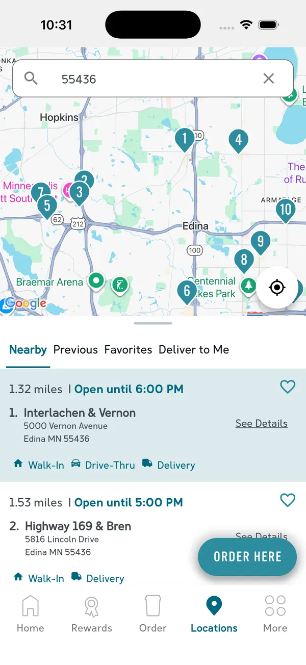 Caribou Coffee app locations screen: a map of nearby coffeehouses above a list showing distance, opening hours, and walk-in, drive-thru, and delivery options for each store.