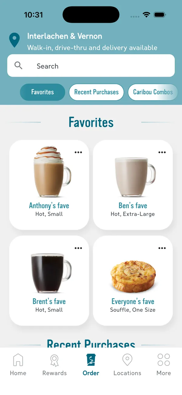 Caribou Coffee app menu for a selected coffeehouse, showing walk-in, drive-thru, and delivery availability and a grid of saved favorite drinks.