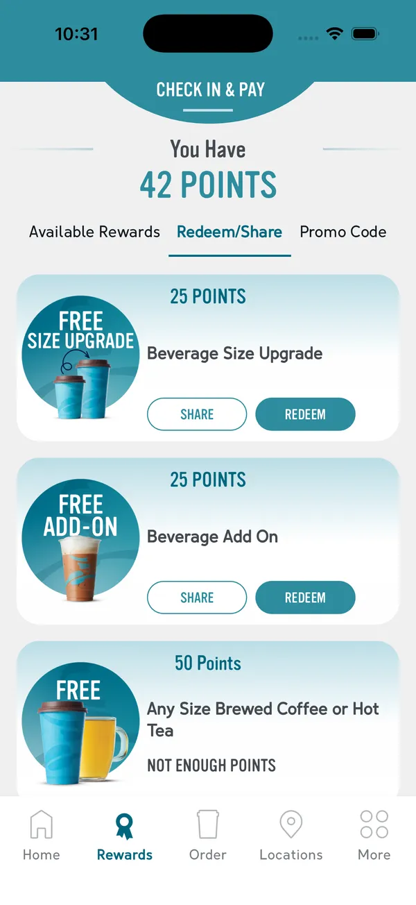Caribou Coffee app rewards screen showing a points balance and rewards such as a free size upgrade and a free add-on, each with share and redeem buttons.