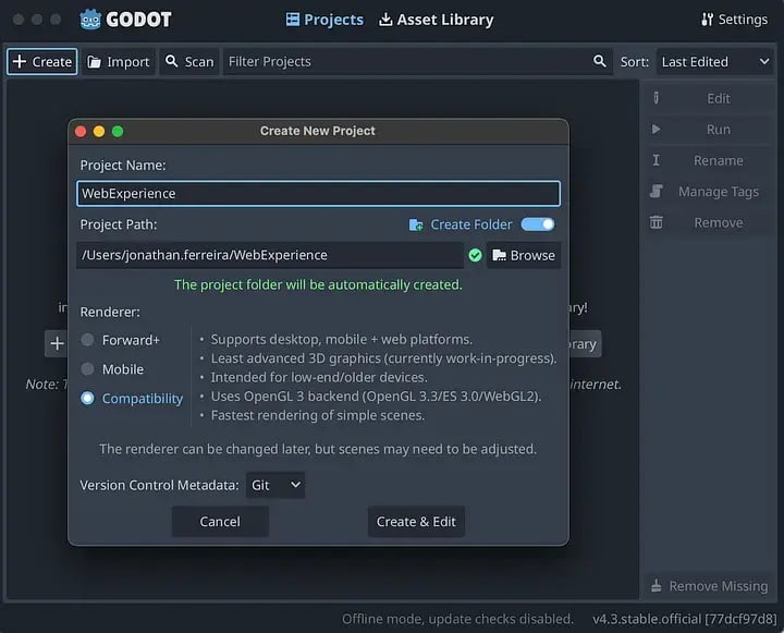 Godot “Create Project” screen