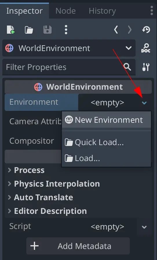 Properties of a selected Node (WorldEnvironment)